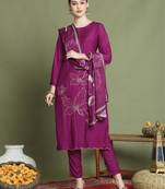 magenta muslin embroidered suit set