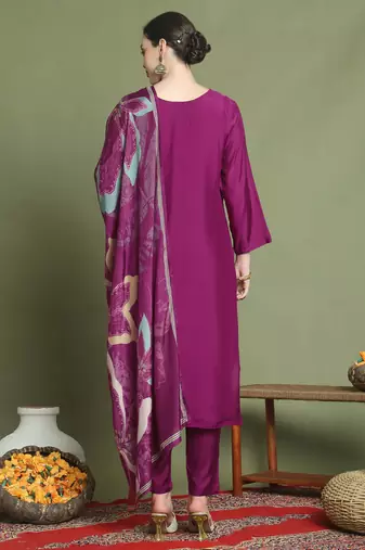 magenta muslin embroidered suit set