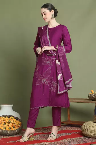 magenta muslin embroidered suit set