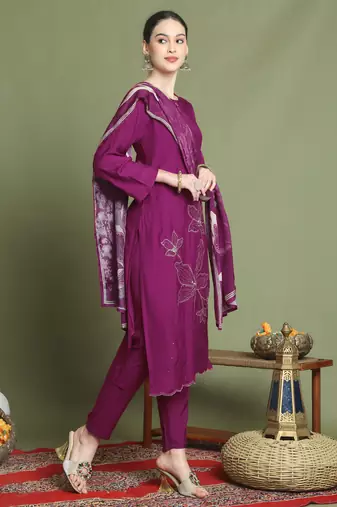 magenta muslin embroidered suit set