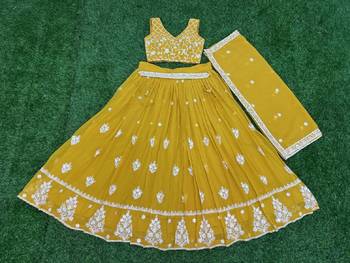 Mustard Yellow Thread And Sequins Embroidered Heavy Georgette Indian Wedding Lehenga Dress 6