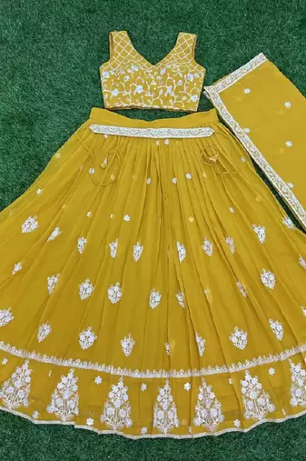 Mustard Yellow Thread And Sequins Embroidered Heavy Georgette Indian Wedding Lehenga Dress