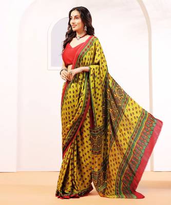 Yellow handprinted ajrakh on modal silk 1