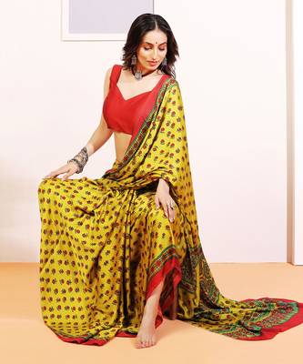 Yellow handprinted ajrakh on modal silk 2