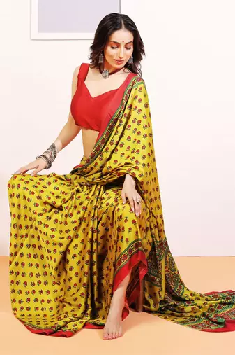 Yellow handprinted ajrakh on modal silk