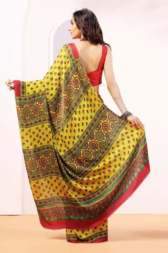 Yellow handprinted ajrakh on modal silk