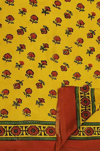 Yellow handprinted ajrakh on modal silk