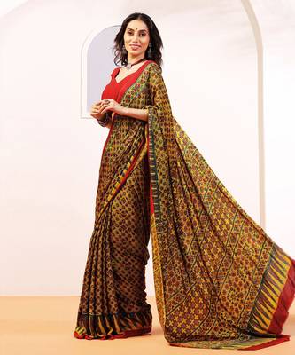 Mustard handprinted ajrakh on modal silk 1