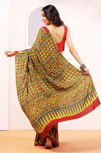Mustard handprinted ajrakh on modal silk