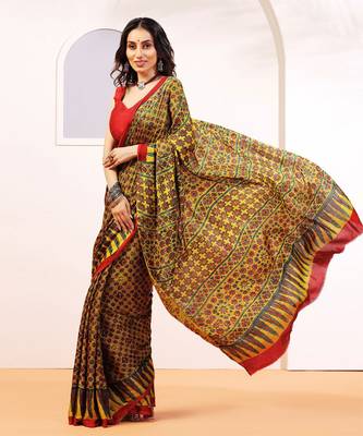 Mustard handprinted ajrakh on modal silk 3
