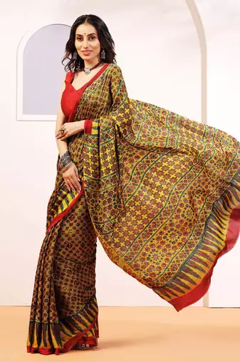 Mustard handprinted ajrakh on modal silk
