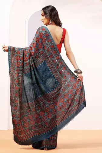 Blue handprinted ajrakh on modal silk