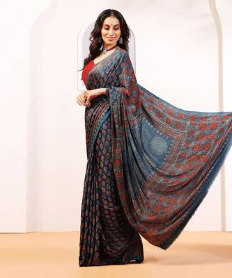Blue handprinted ajrakh on modal silk 3