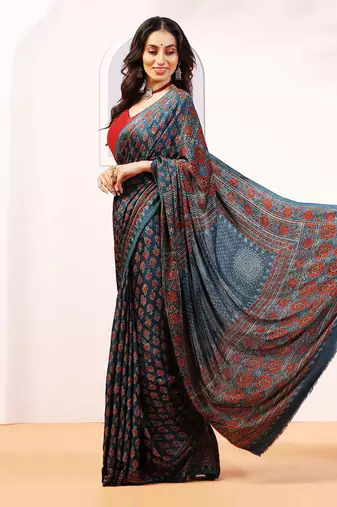 Blue handprinted ajrakh on modal silk