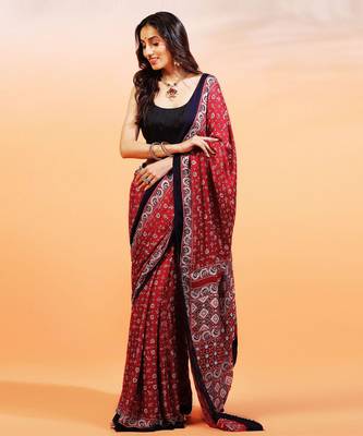 Red handprinted ajrakh on modal silk 1