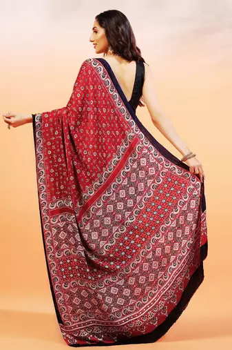 Red handprinted ajrakh on modal silk