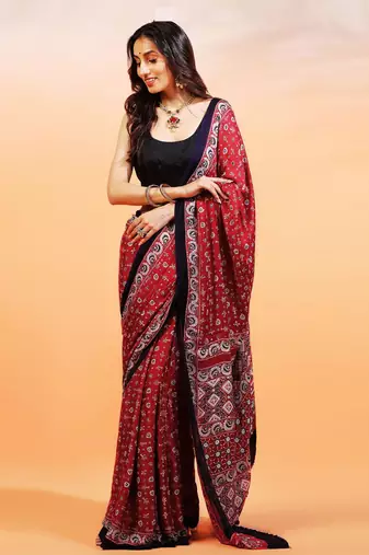 Red handprinted ajrakh on modal silk