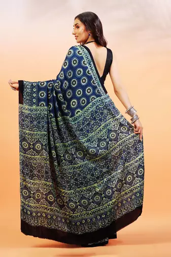 Blue handprinted ajrakh on modal silk