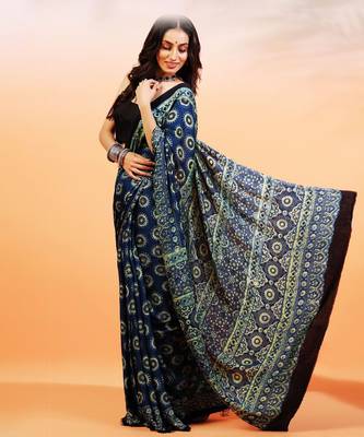 Blue handprinted ajrakh on modal silk 3