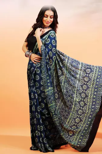Blue handprinted ajrakh on modal silk
