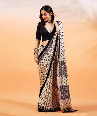 Cream handprinted ajrakh on modal silk 1