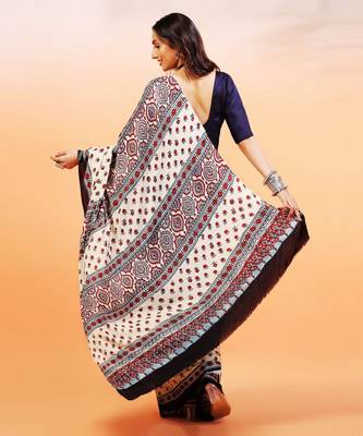 Cream handprinted ajrakh on modal silk 2
