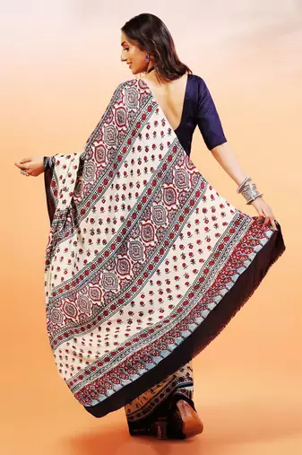 Cream handprinted ajrakh on modal silk