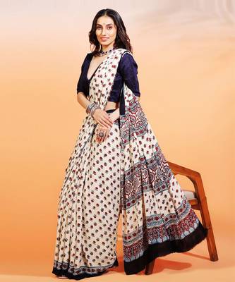 Cream handprinted ajrakh on modal silk 3