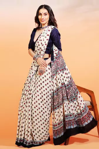 Cream handprinted ajrakh on modal silk