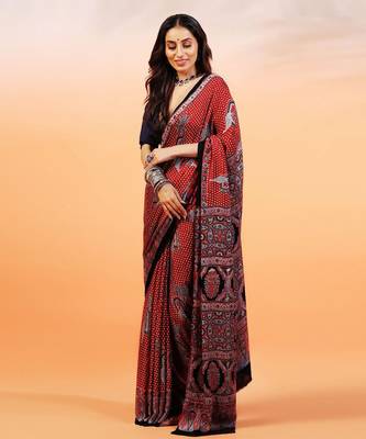 Red handprinted ajrakh on modal silk 1