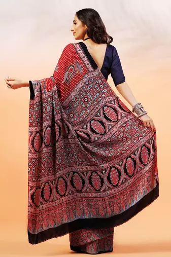 Red handprinted ajrakh on modal silk