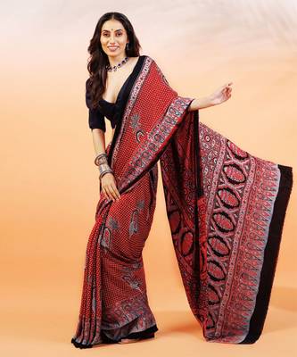 Red handprinted ajrakh on modal silk 3