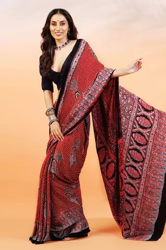 Red handprinted ajrakh on modal silk