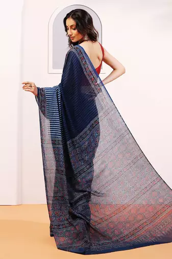 Blue handprinted ajrakh on cotton