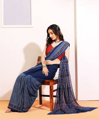 Blue handprinted ajrakh on cotton 3
