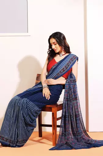 Blue handprinted ajrakh on cotton