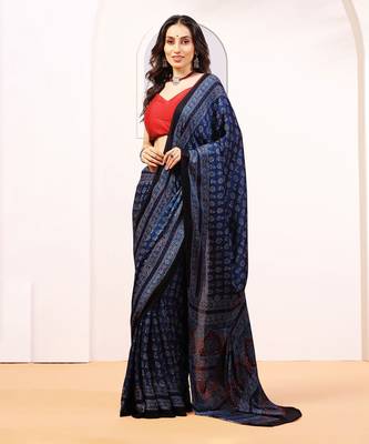 Blue handprinted ajrakh on modal silk 1