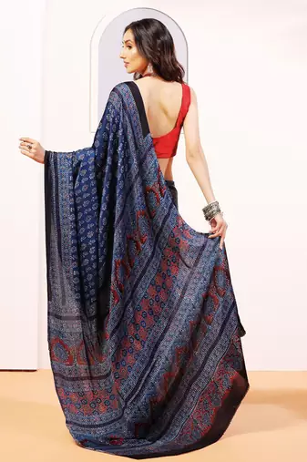Blue handprinted ajrakh on modal silk