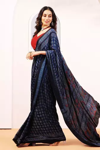 Blue handprinted ajrakh on modal silk