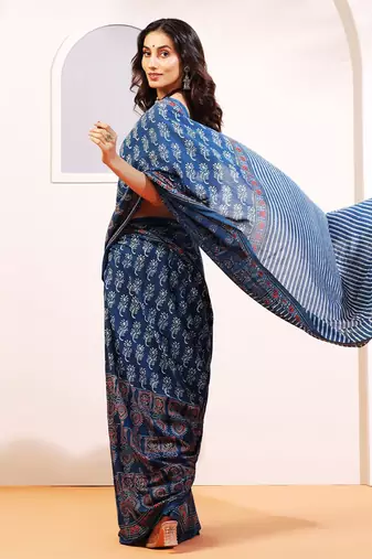 Blue handprinted ajrakh on cotton