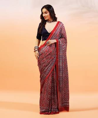 Red handprinted ajrakh on modal silk 2