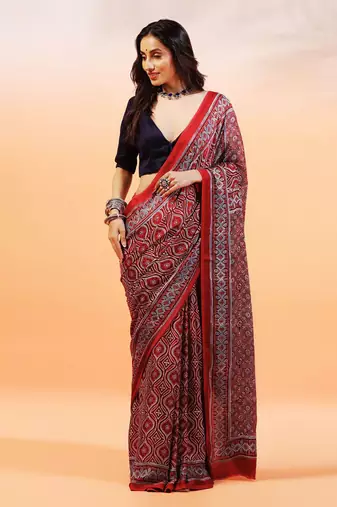 Red handprinted ajrakh on modal silk