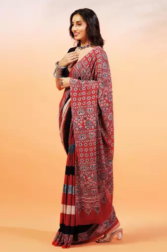 Multicolor handprinted ajrakh on cotton