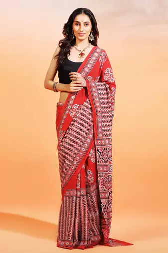 Red handprinted ajrakh on cotton