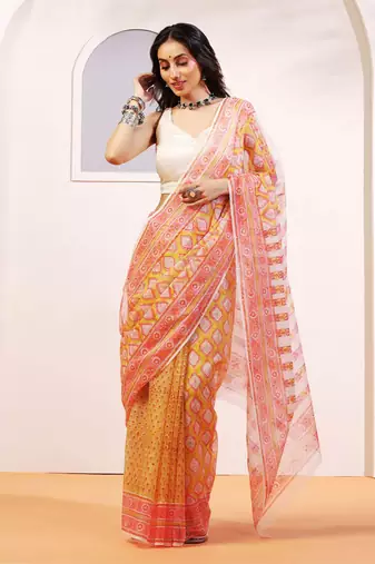 Multicolor handloom kota doria with hand block prints