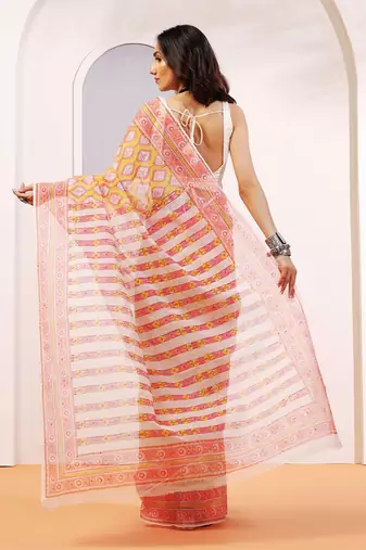Multicolor handloom kota doria with hand block prints