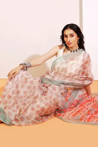 Multicolor handloom kota doria with hand block prints