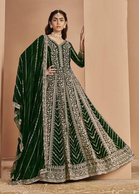Embroidered dark green faux georgette anarkali gown 1