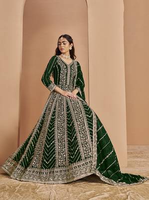 Embroidered dark green faux georgette anarkali gown 2