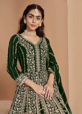 Embroidered dark green faux georgette anarkali gown 3